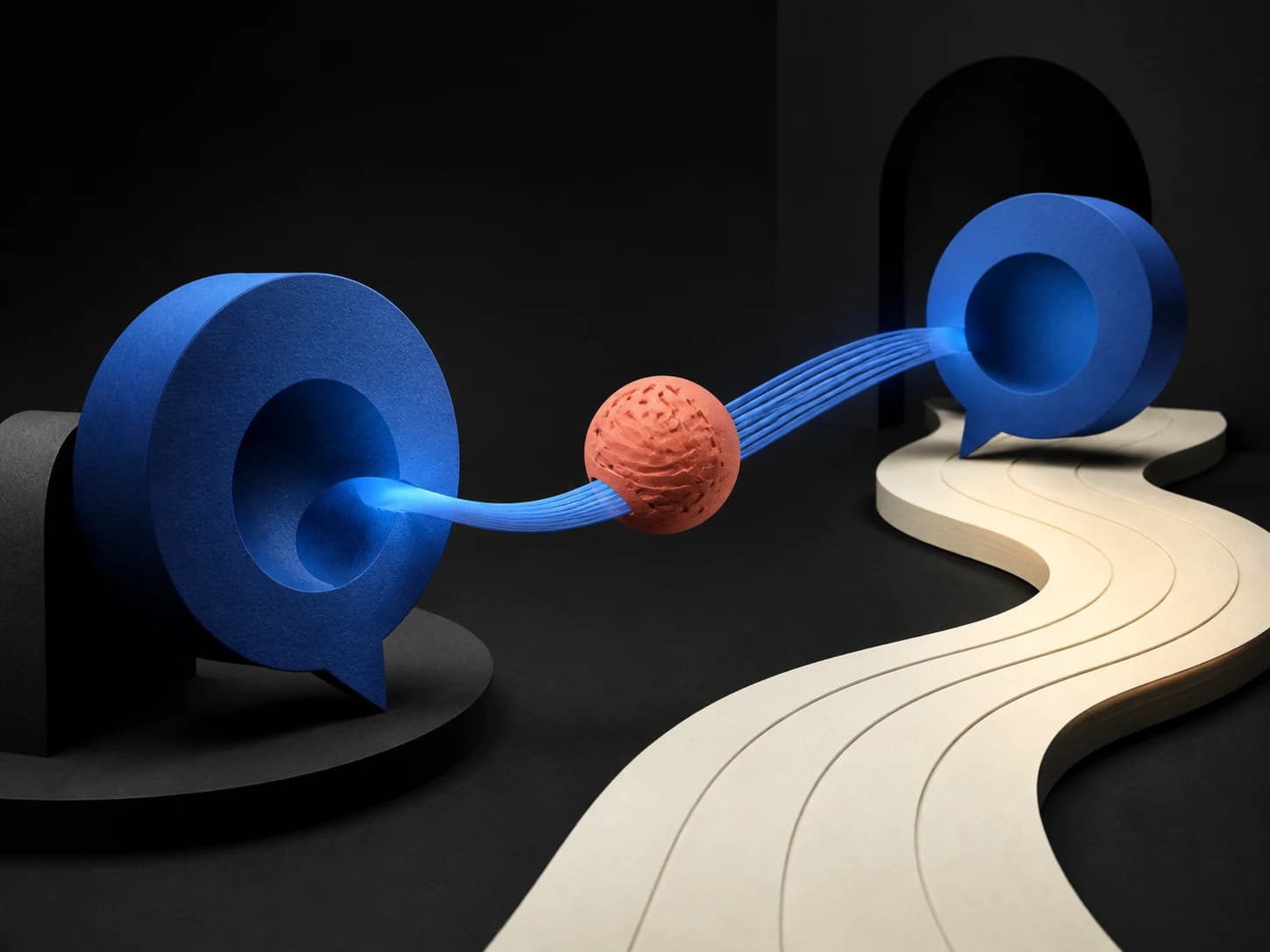 Two blue conversation forms connected through a calm reasoning path