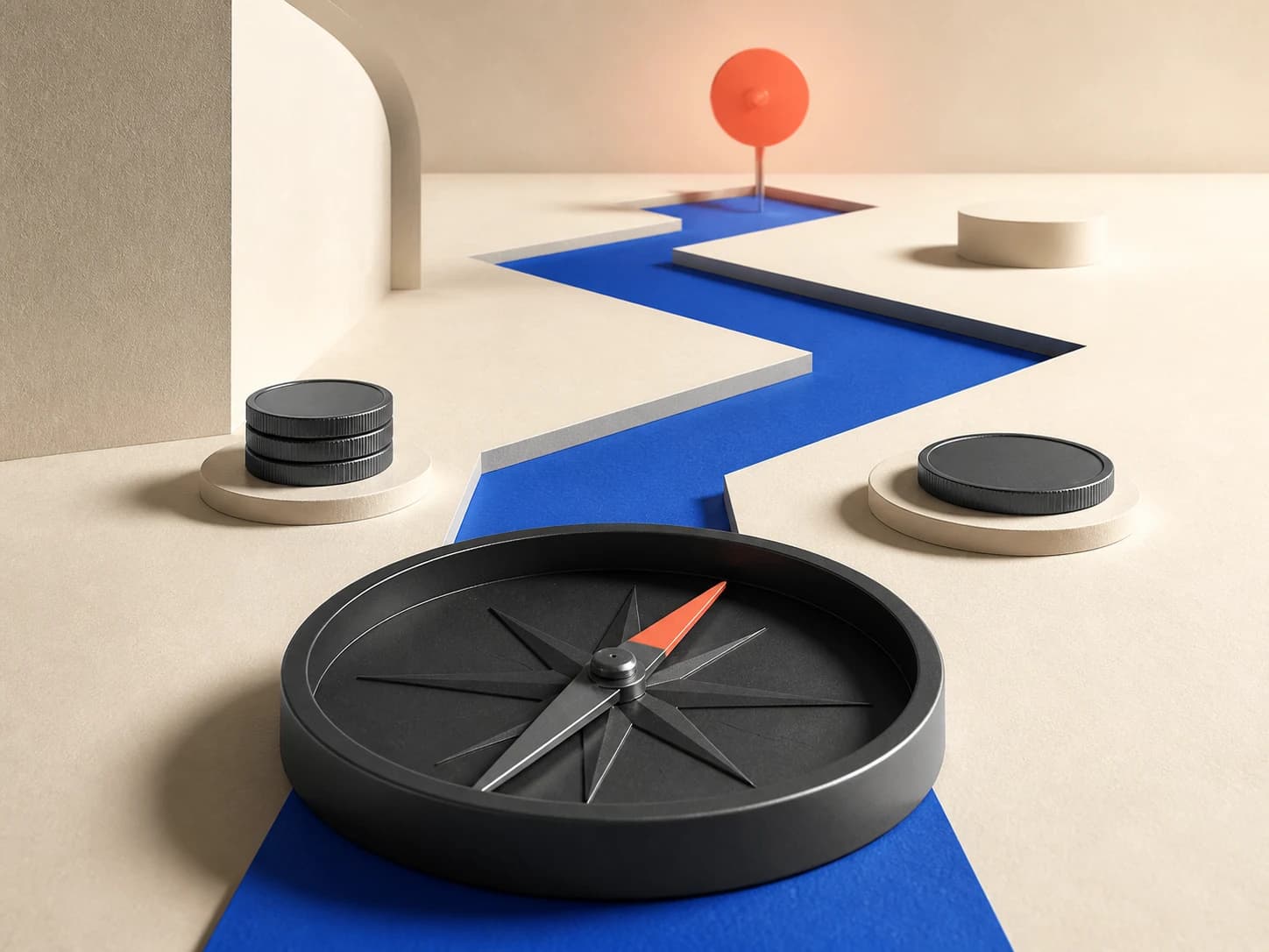 A sculptural compass following a blue path toward one clear priority