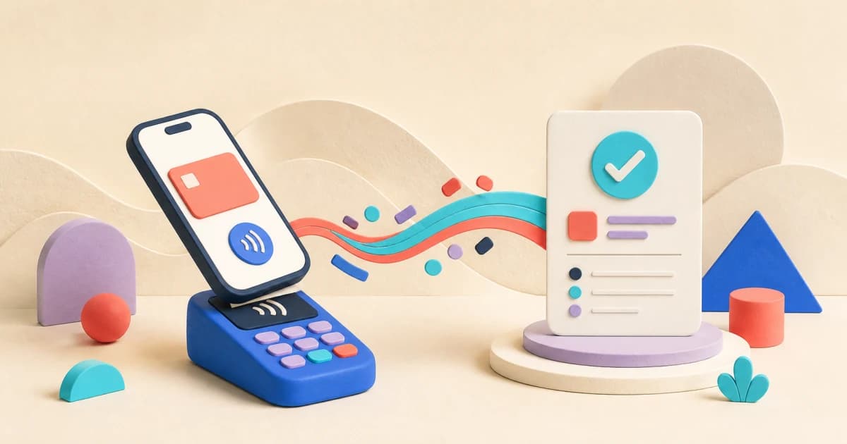 A clay phone taps a payment terminal as colorful transaction paths lead to a checked expense card.