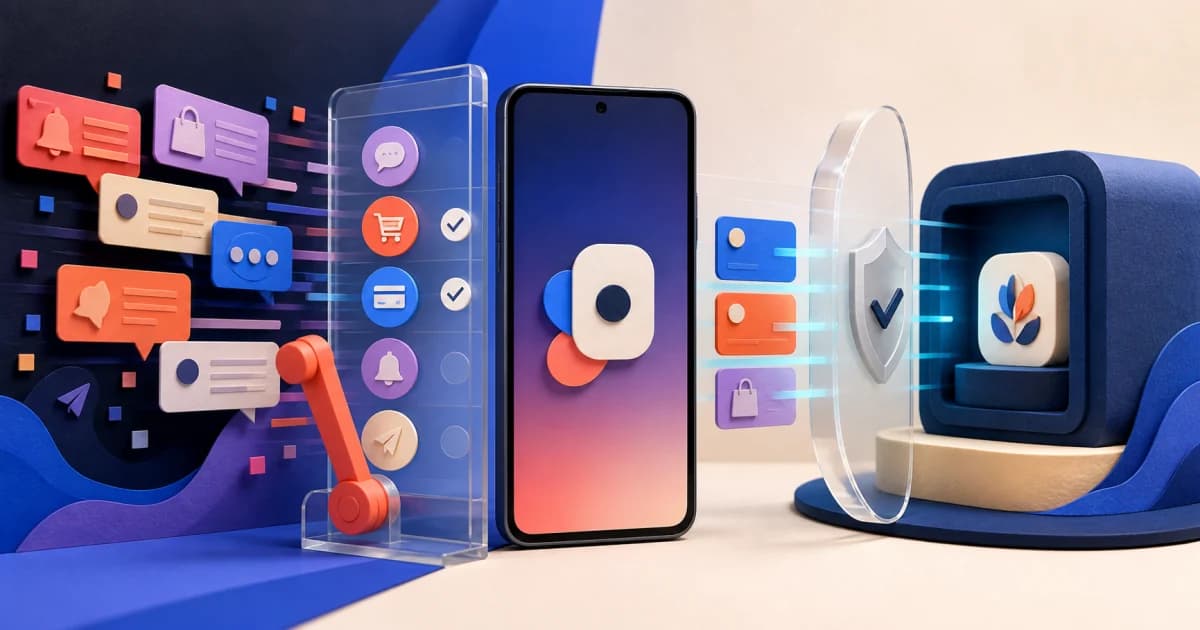 An Android phone separates notification access, payment alerts, local storage and cloud controls into privacy layers.