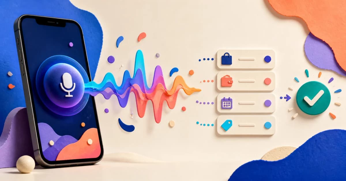 A colourful voice waveform becomes a reviewed expense with amount, merchant, date and category fields.