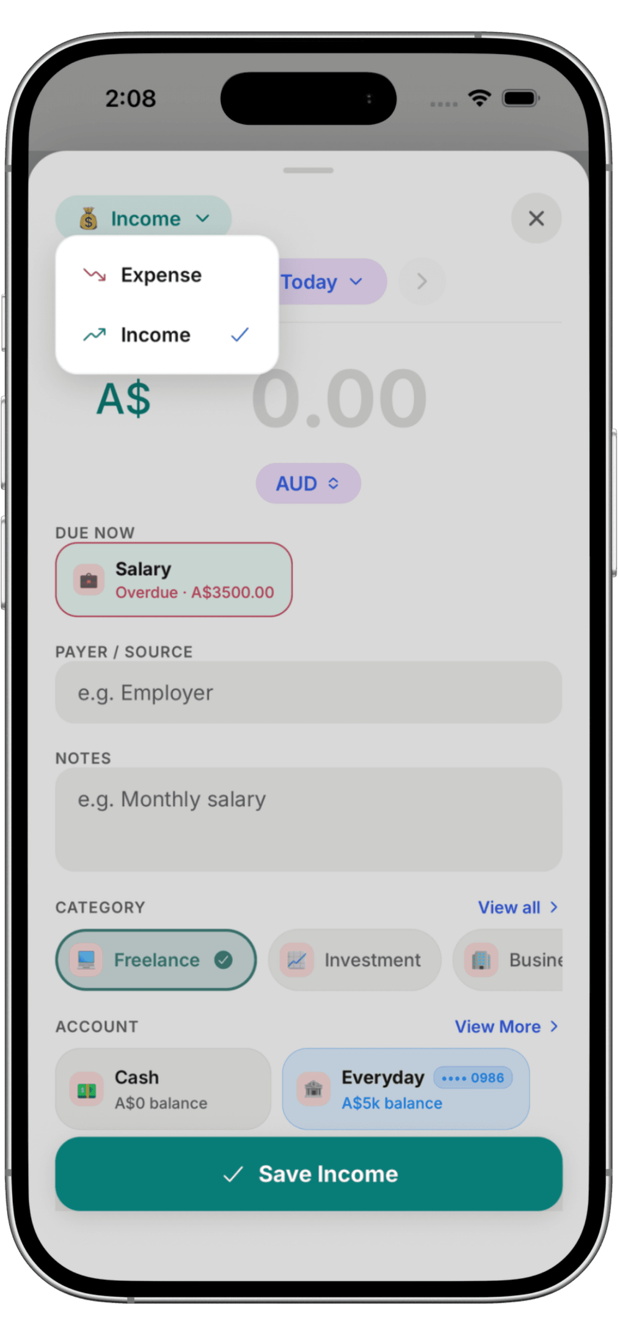 Marnie form for recording income or an expense