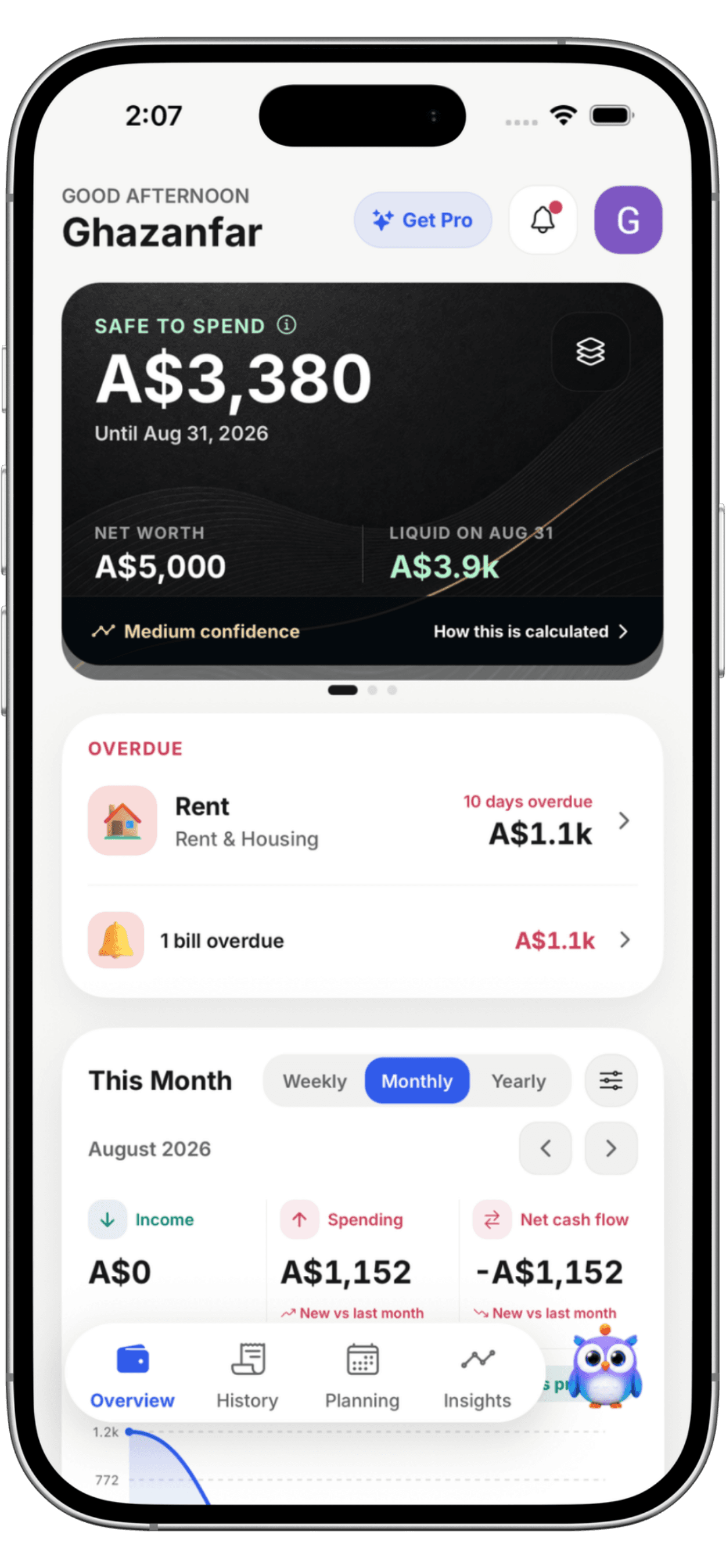 Marnie dashboard showing Safe to Spend, upcoming bills and monthly cash flow