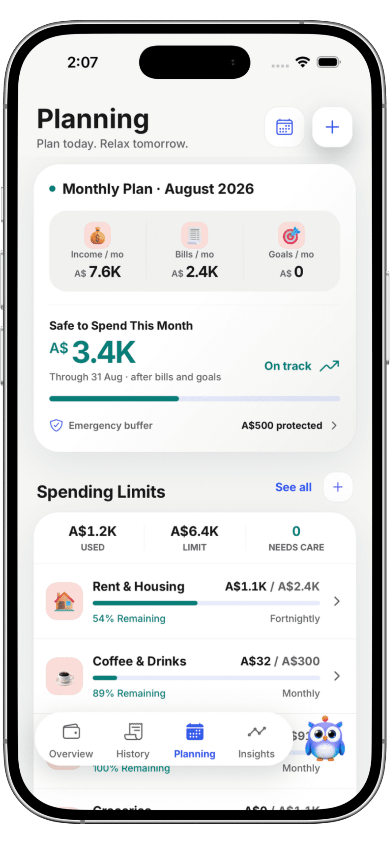 Marnie monthly planning screen with Safe to Spend and spending limits