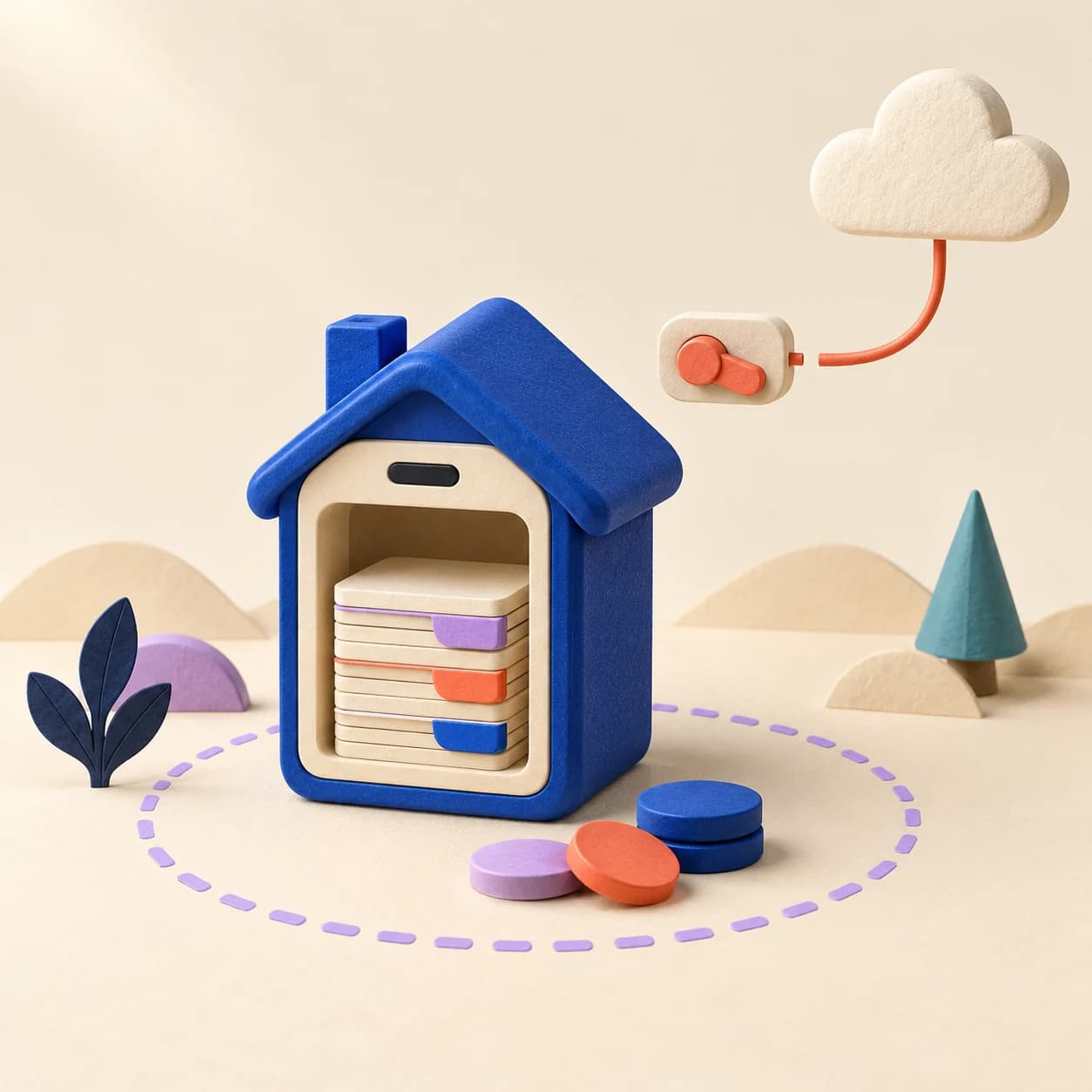 A clay phone shaped like a small house keeps a paper ledger inside a dotted boundary, with the cloud connected only through a switch that is turned off