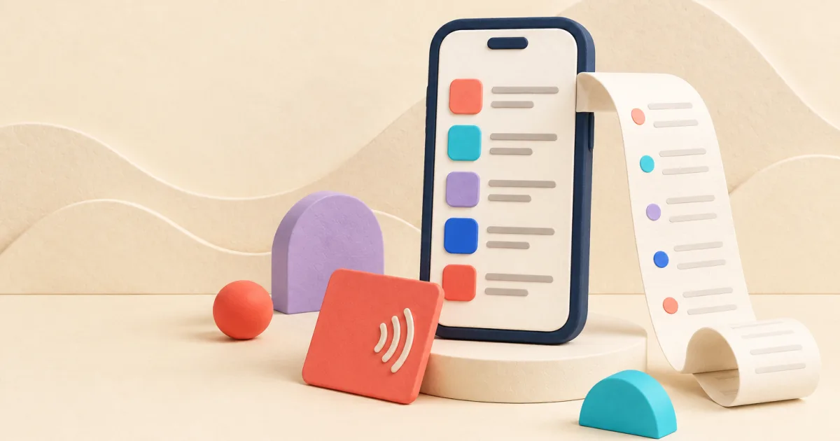 A clay phone lists colorful payment rows while a paper ledger strip curls out beside a contactless card.