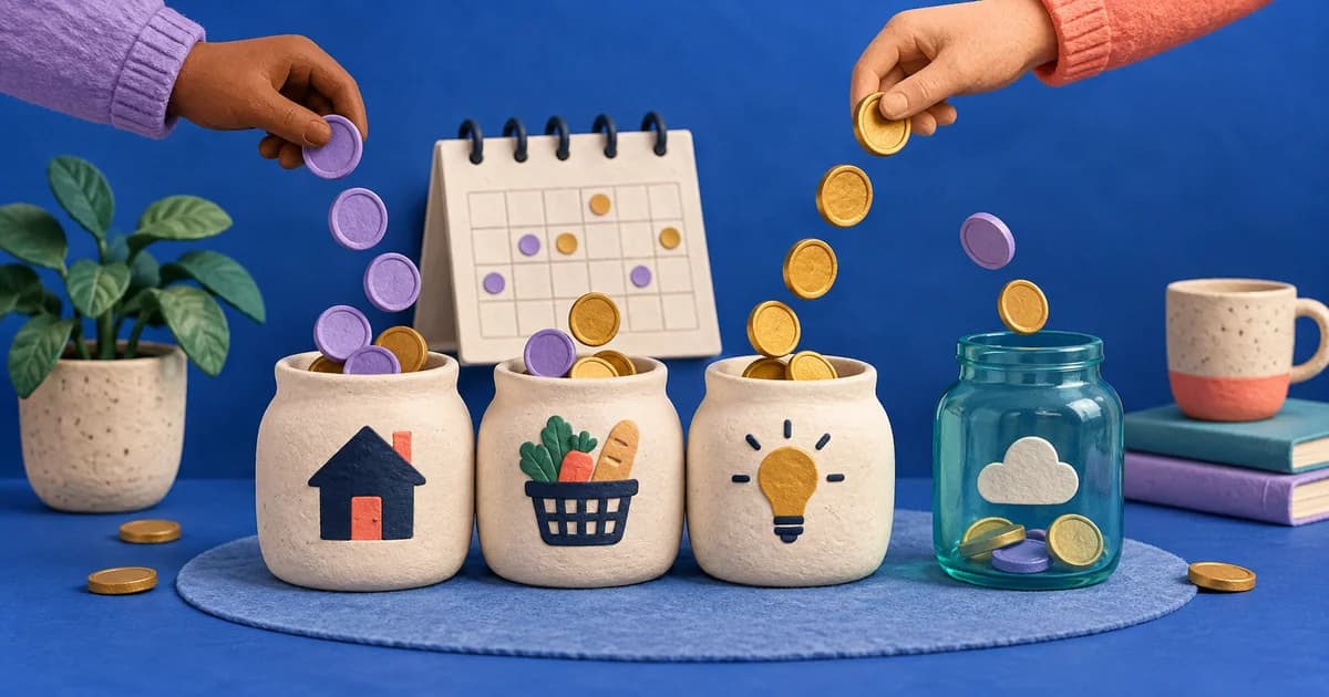 Uneven income tokens flow into a steady household budget with a separate reserve for quieter weeks.