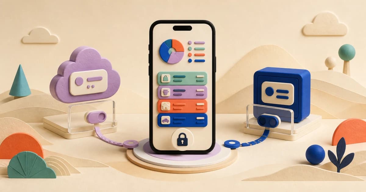A locked clay finance app keeps records on a phone beside separately controlled cloud and backup modules.