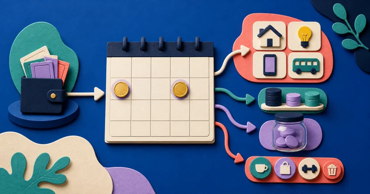 A colorful clay calendar with two pay markers, household bills, a reserve jar and flexible spending tokens.