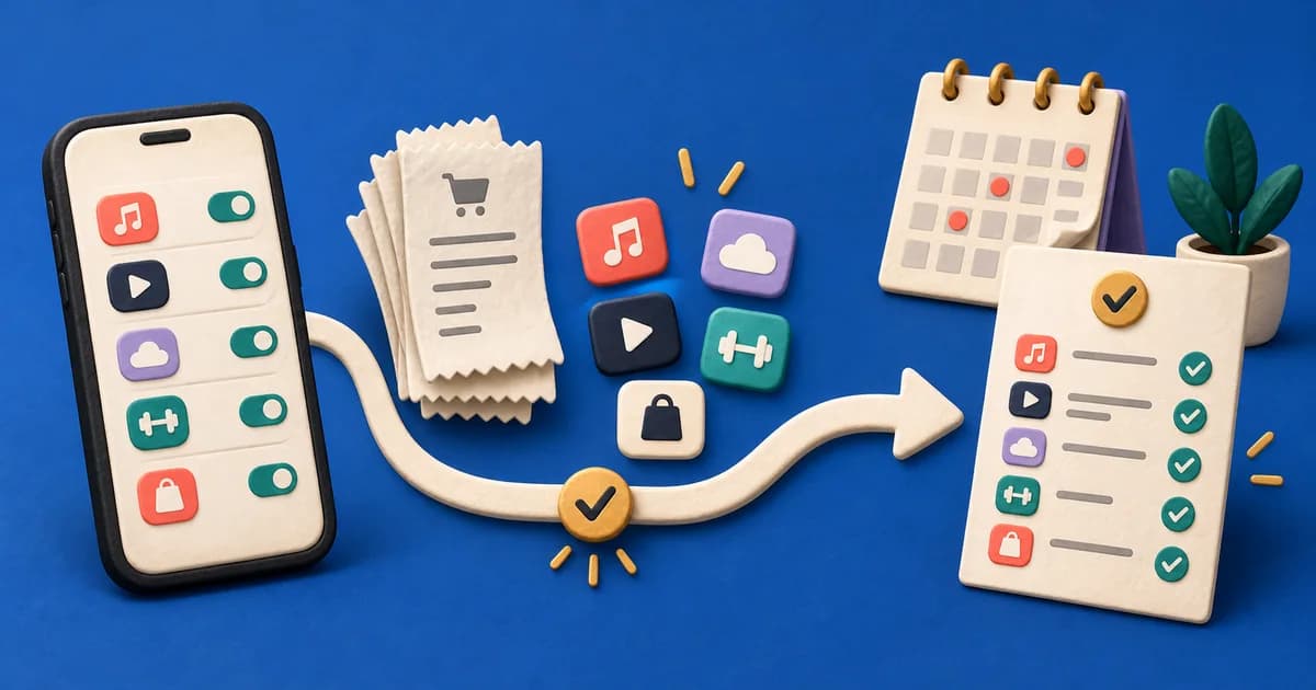 A clay phone, receipt stack and renewal calendar feed into one checked subscription list.