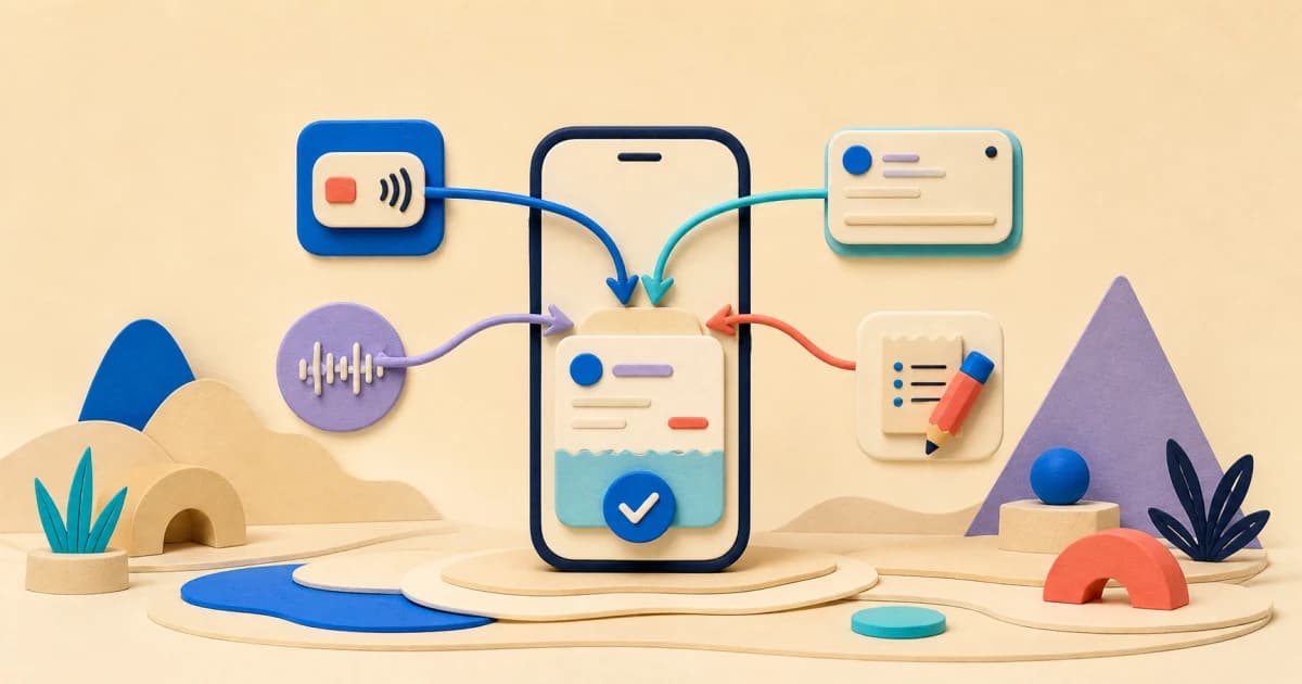 Contactless, notification, voice and manual-entry paths converge into one checked expense record on a phone.