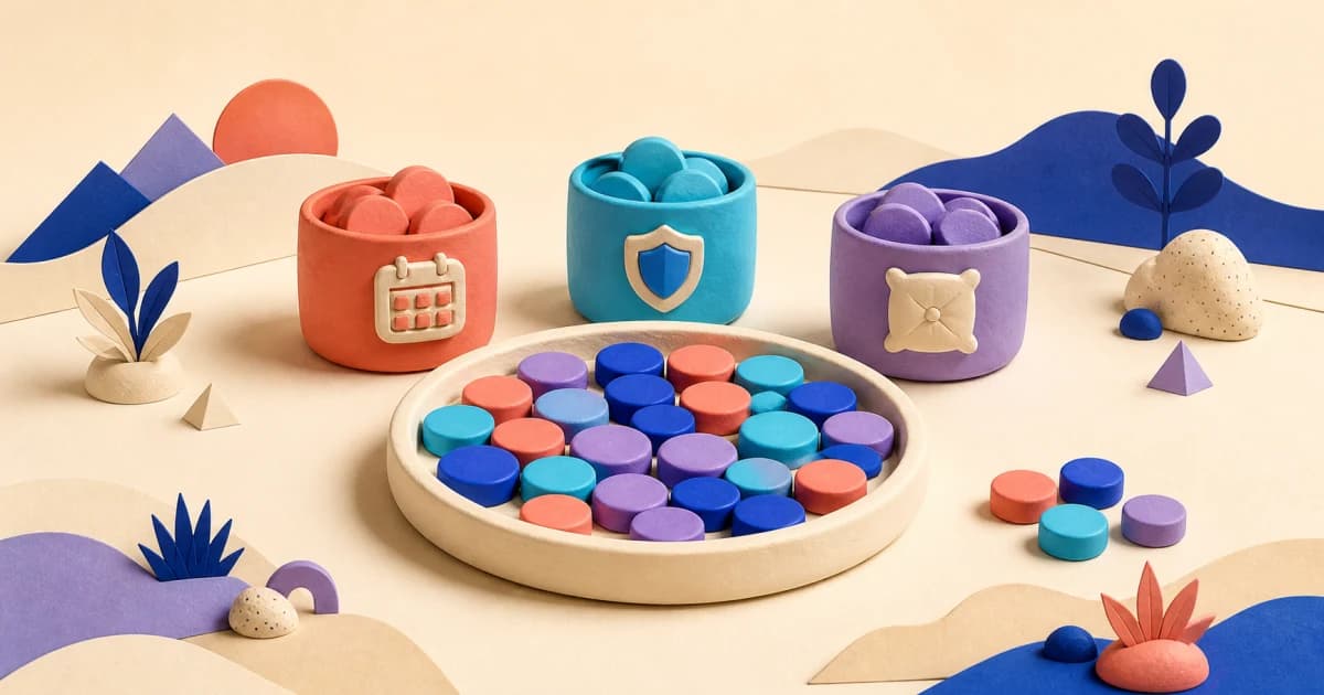 Clay containers for bills, protected money and a buffer sit behind a tray of flexible spending tokens.