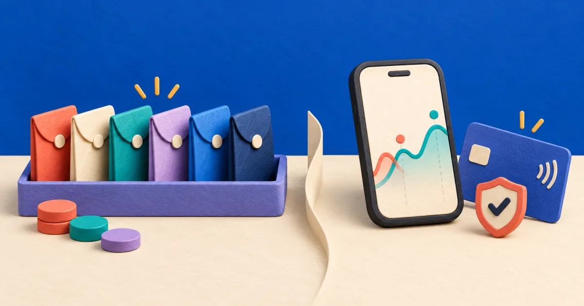 Two clay budgeting setups side by side: a tray of colored paper envelopes and a phone with a forecast curve beside a contactless card.