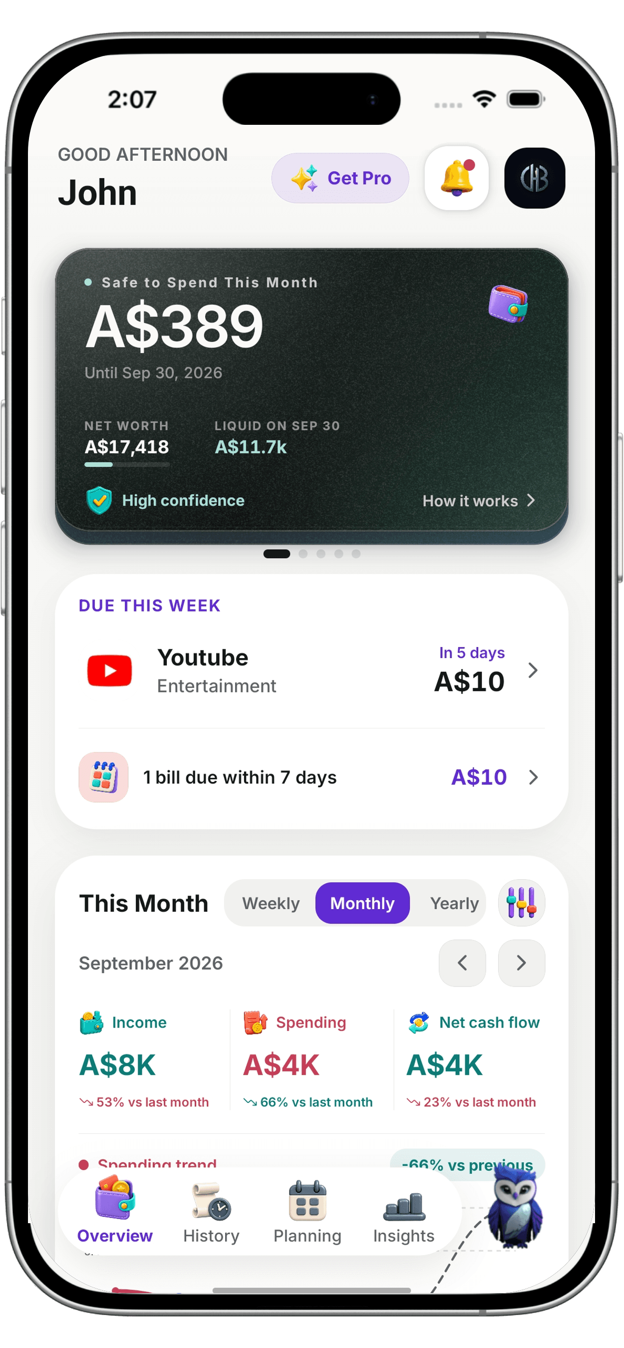 Marnie dashboard showing what is safe to spend this month, the next bill due and monthly income and spending