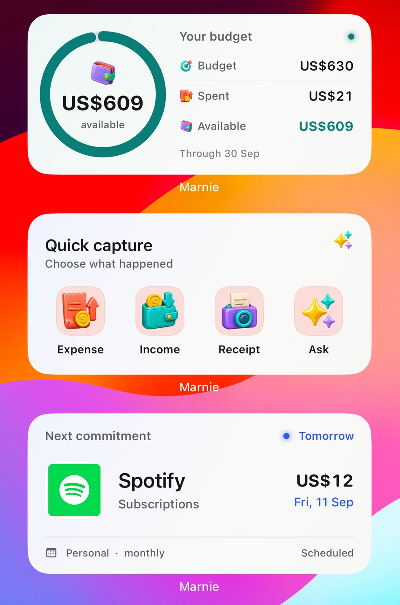 Marnie iPhone home-screen widgets for budget available, quick capture and the next bill