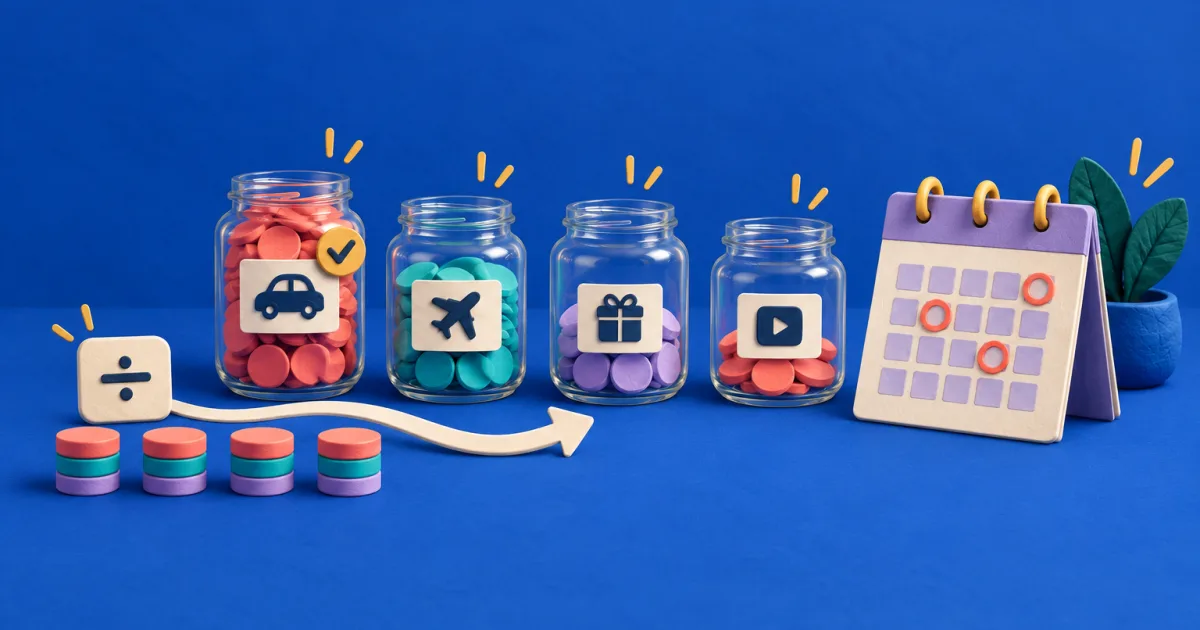 Clay savings jars for a car, a trip, gifts and a subscription fill to different levels beside a calendar with due dates circled.